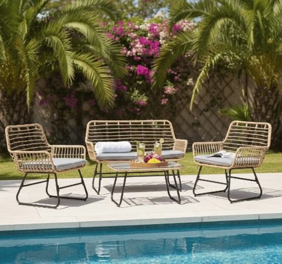 Vermont Grey Rattan Garden Set 2 Armchairs Sofa - Image 1