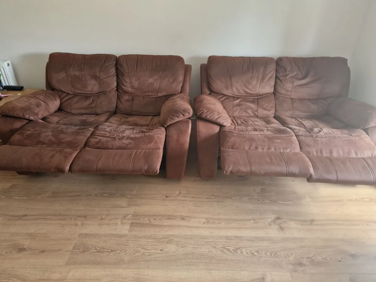 Two matching Brown Suede Reclining 2-Seater Sofas - Image 2