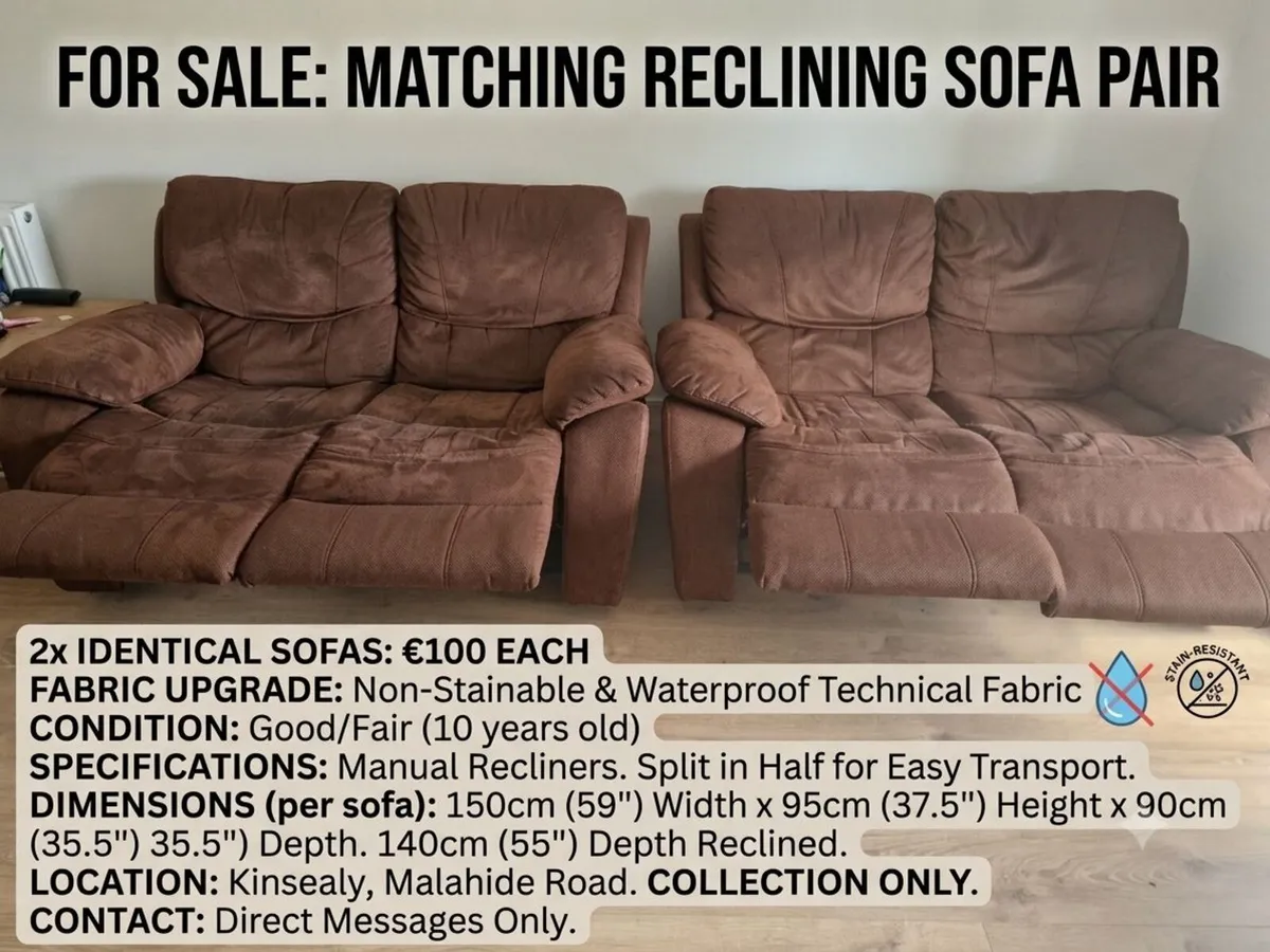 Two matching Brown Suede Reclining 2-Seater Sofas - Image 1