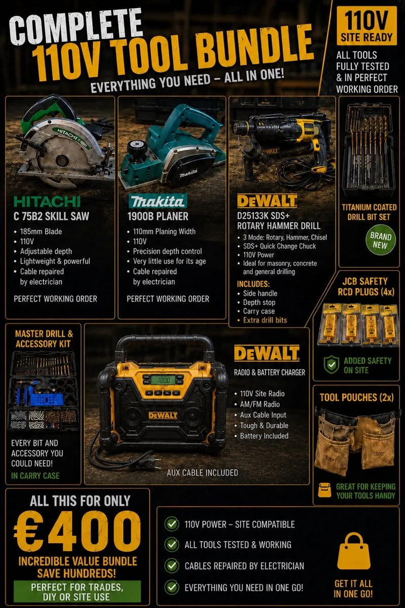 SDs drill, circular saw, elec planer, bits, radio - Image 1