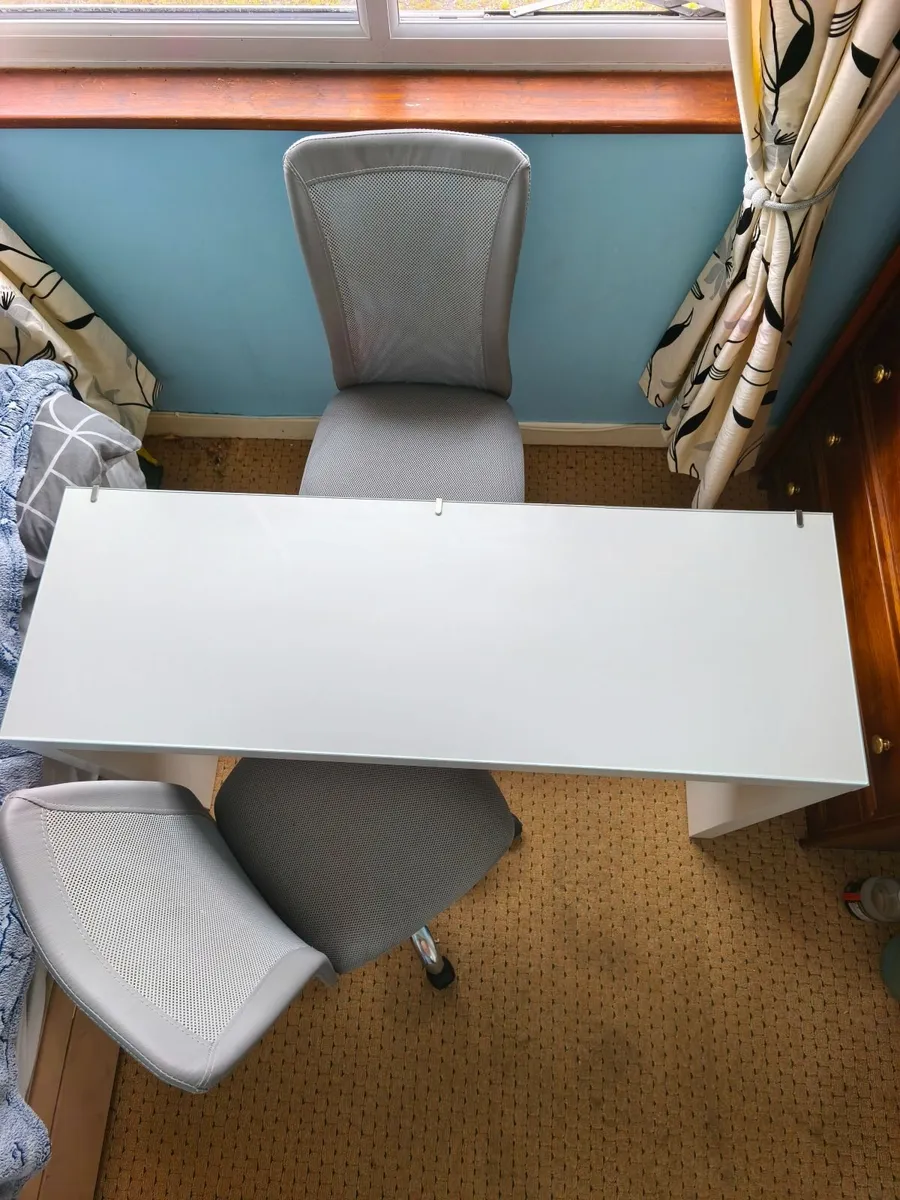 White Glass Desk + 2 Grey Office Chairs | Excellen - Image 1