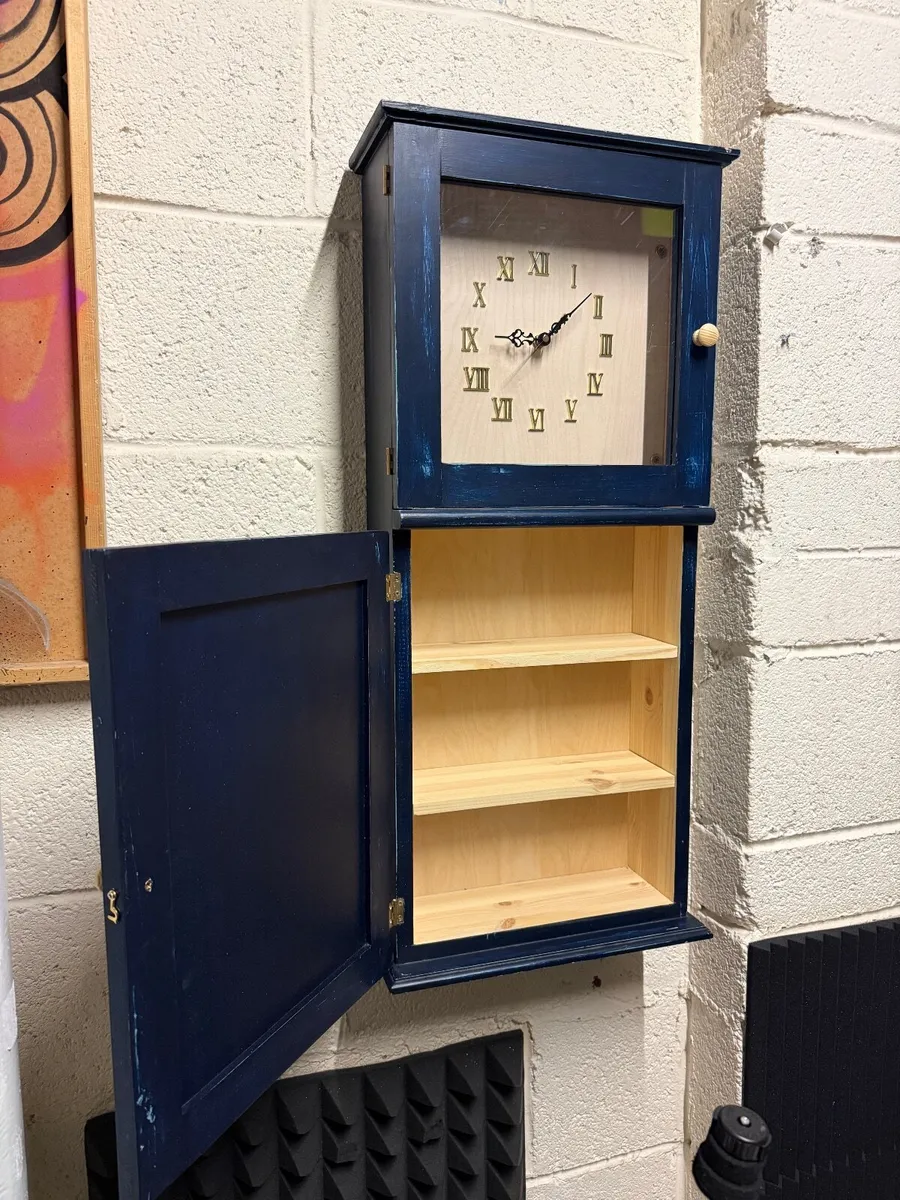 Handmade Wooden Wall Clock with Storage Cabinet - Image 4