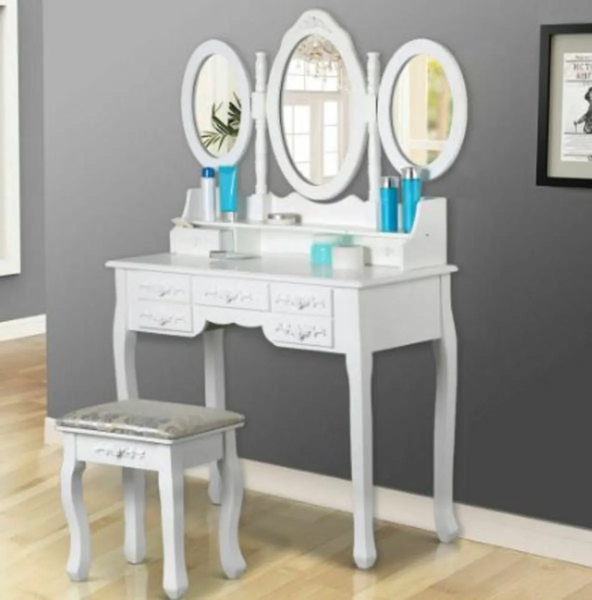 Princes White Dressing Table 3 Oval Mirror 7 Draw - Image 1