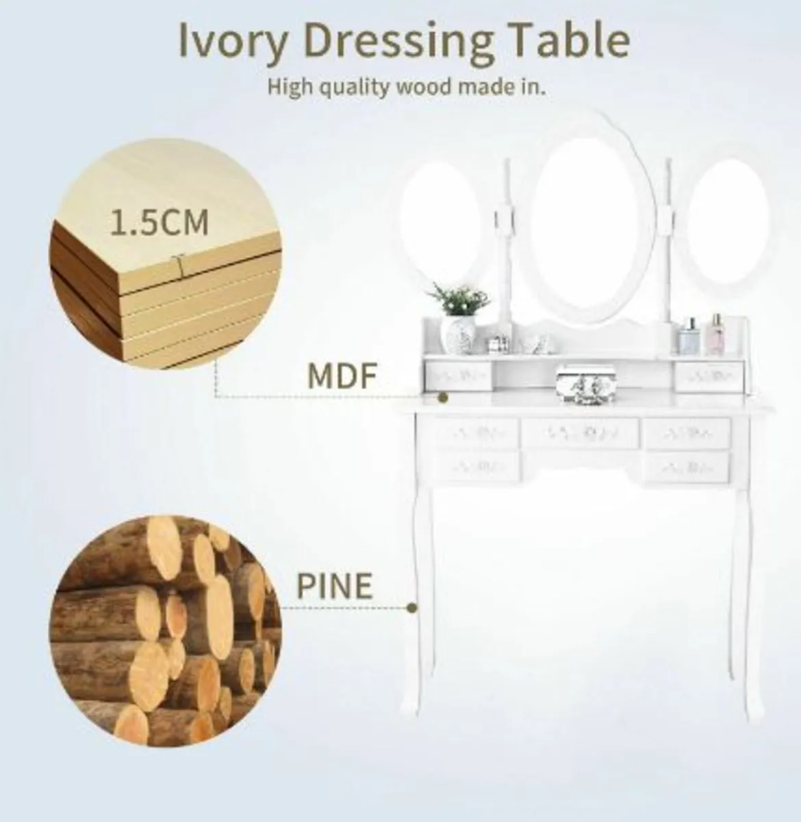 Princes White Dressing Table 3 Oval Mirror 7 Draw - Image 3