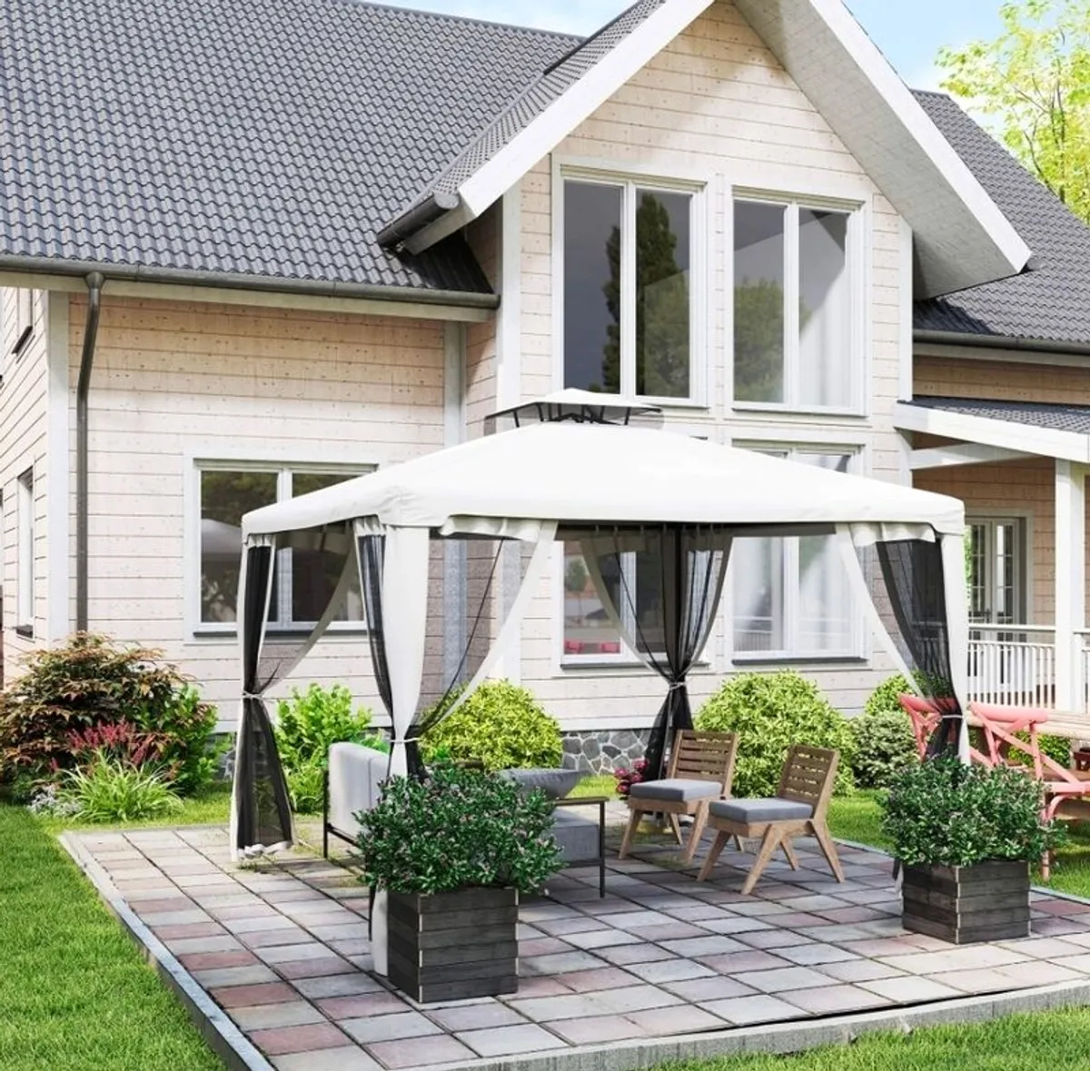 Outsunny 3x3m Metal Gazebo with Sides - Double Roof & Mesh Walls for Family Gatherings, Taupe - Image 1