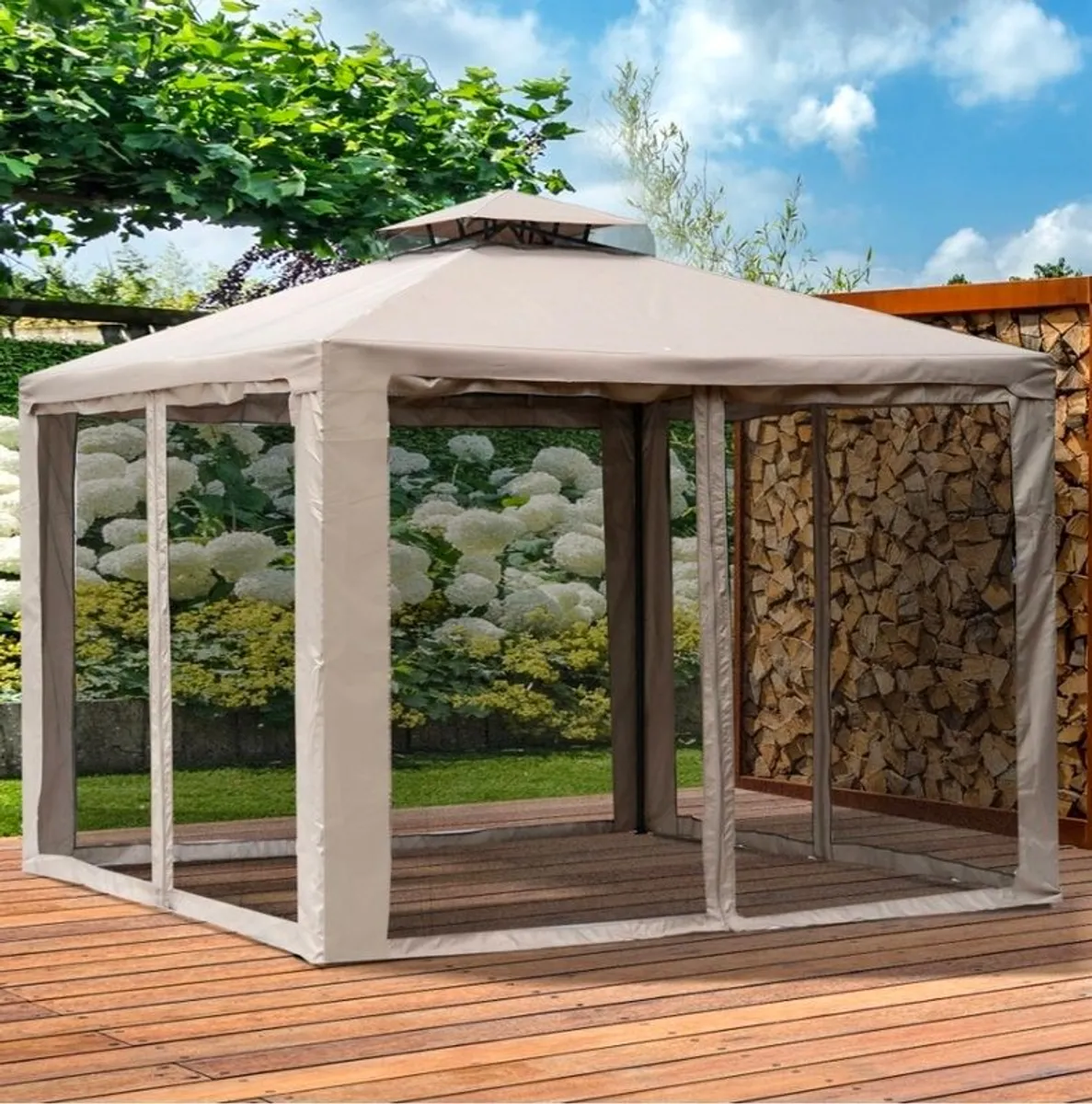 Outsunny 3x3m Metal Gazebo with Sides - Double Roof & Mesh Walls for Family Gatherings, Taupe - Image 2