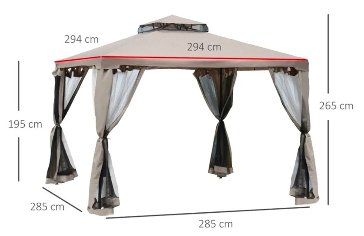 Outsunny 3x3m Metal Gazebo with Sides - Double Roof & Mesh Walls for Family Gatherings, Taupe - Image 3