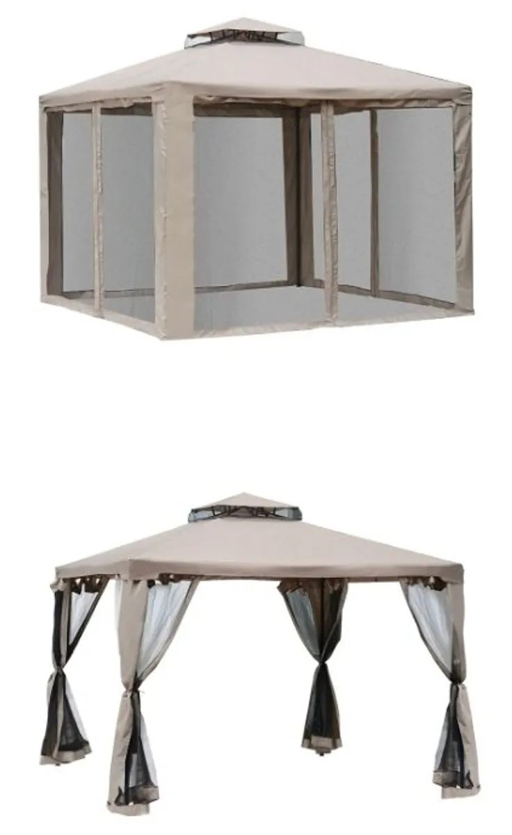 Outsunny 3x3m Metal Gazebo with Sides - Double Roof & Mesh Walls for Family Gatherings, Taupe - Image 4