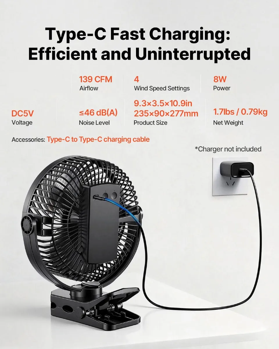 Portable Clip Fan, Rechargeable Clip On Fan - Image 2