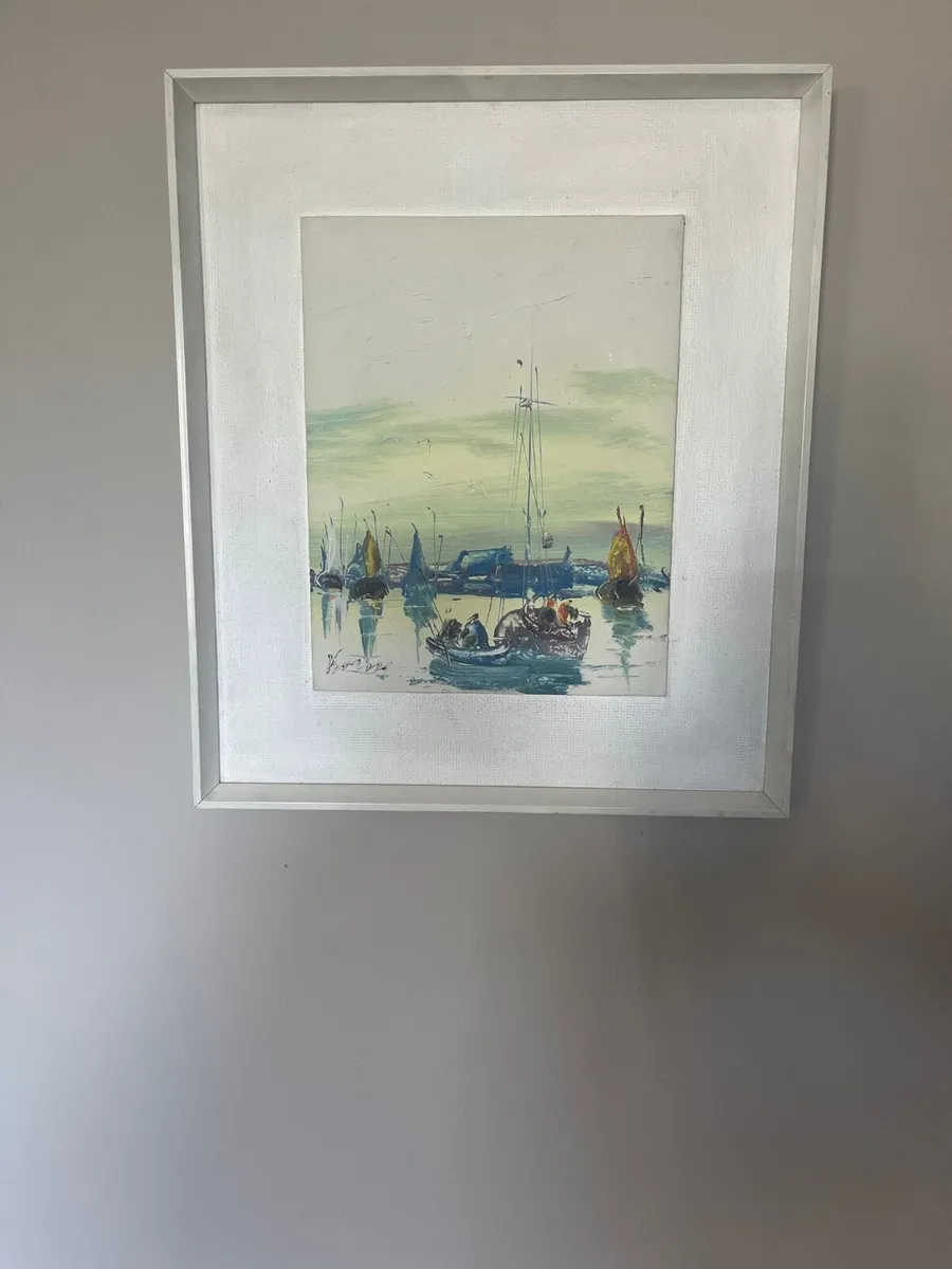 Boats on a harbour oil painting - Image 1