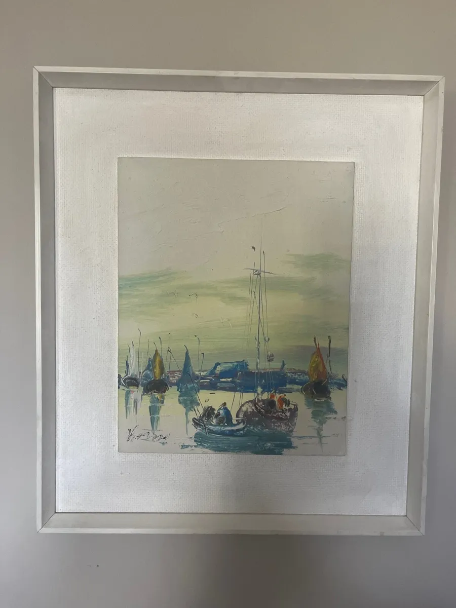 Boats on a harbour oil painting - Image 2