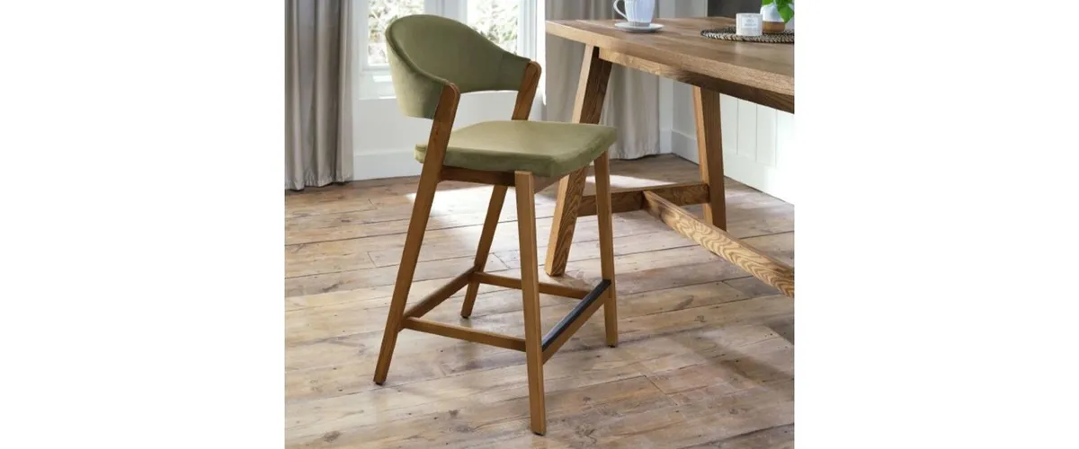 X2 olive velvet and oak bar stool - Image 2