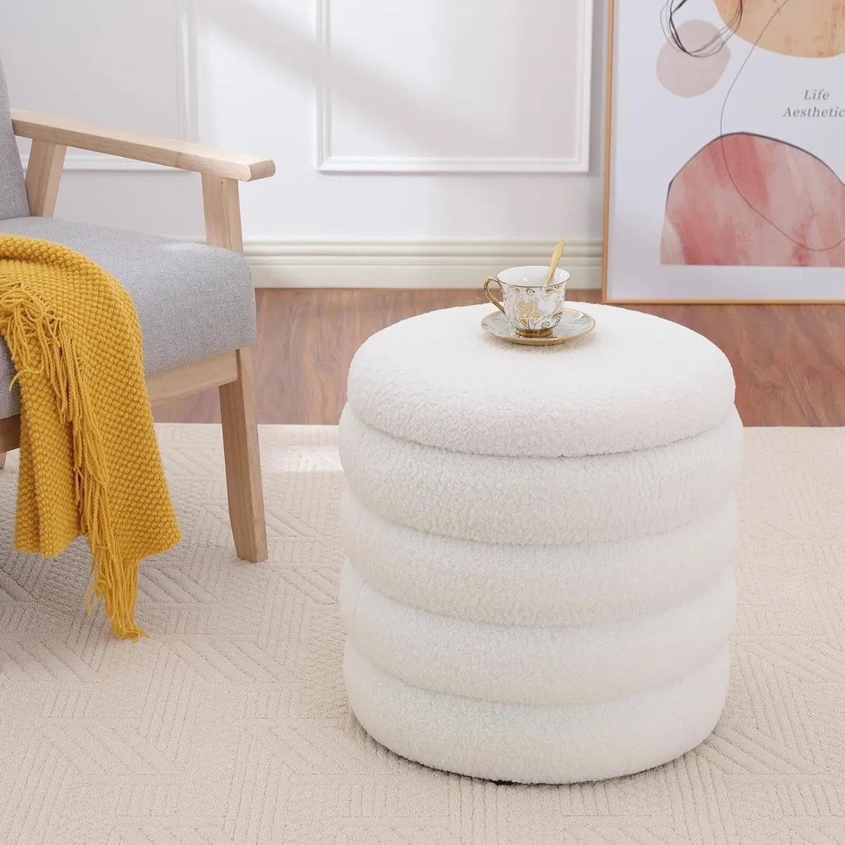 Velvet Round Ottoman Small Storage Boucle Bench - Image 2