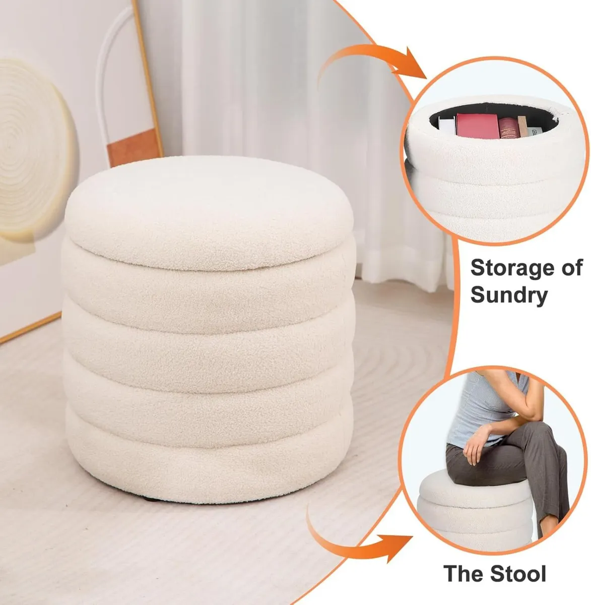 Velvet Round Ottoman Small Storage Boucle Bench - Image 4