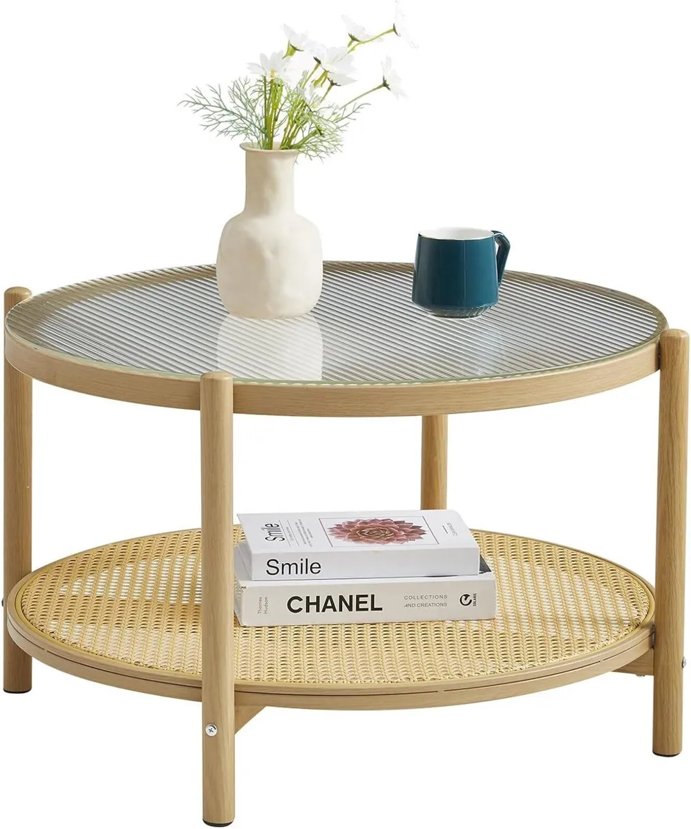 Boho Rattan Coffee Table Round Glass Metal Centre - Image 1