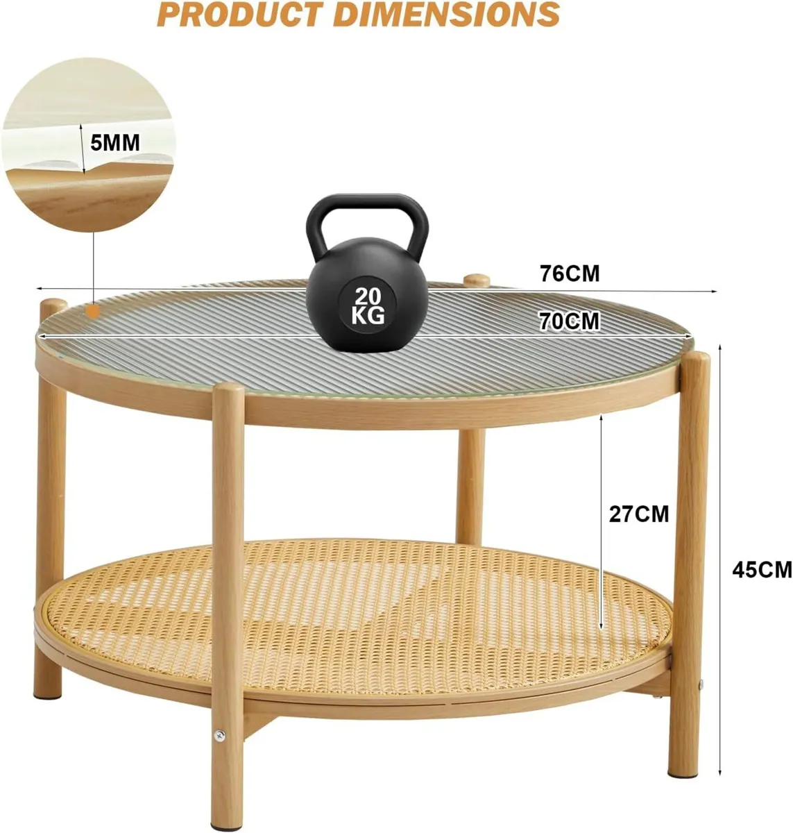 Boho Rattan Coffee Table Round Glass Metal Centre - Image 3