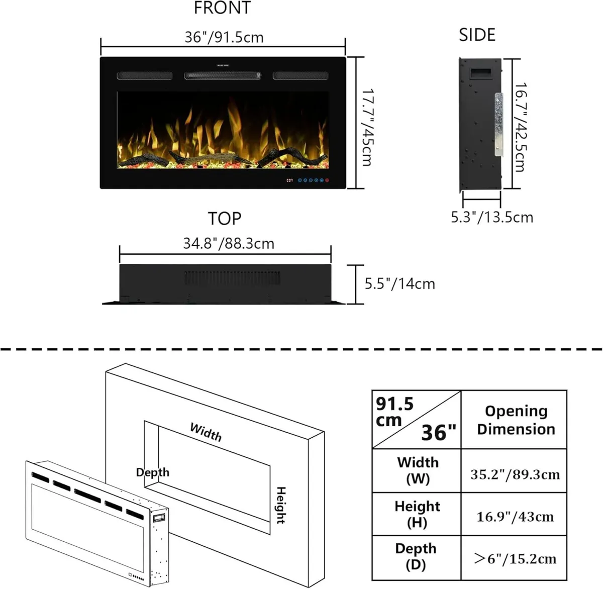 91.5CM Wifi Electric Fireplace Inserts Recessed - Image 3