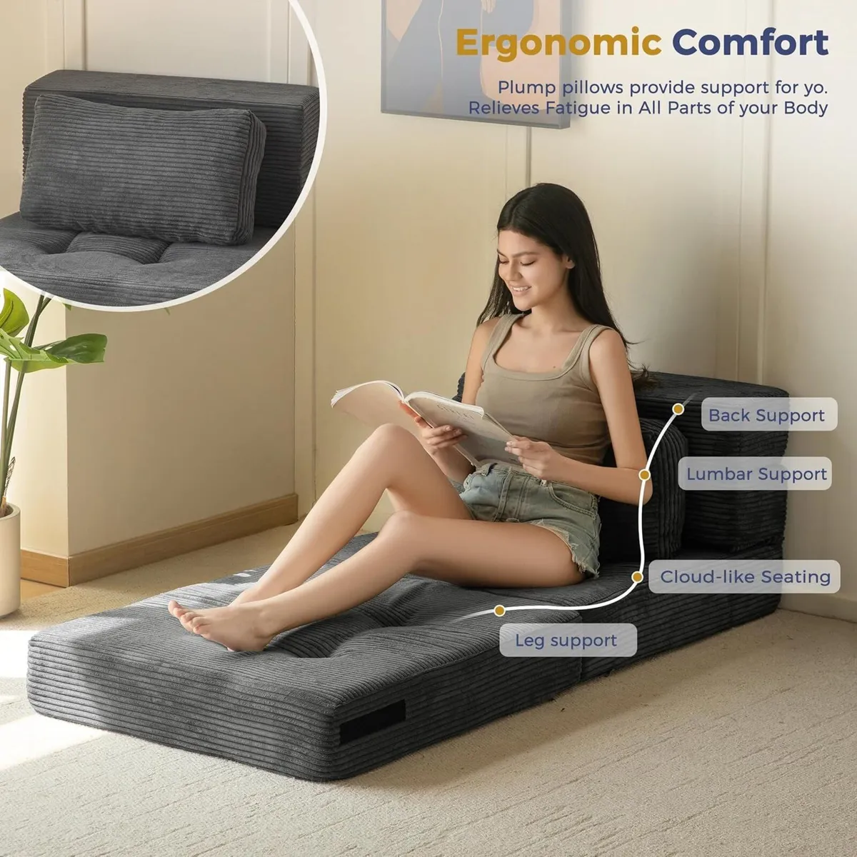 Folding Sofa Bed Tri-Fold Mattress 15CM for Guest - Image 4