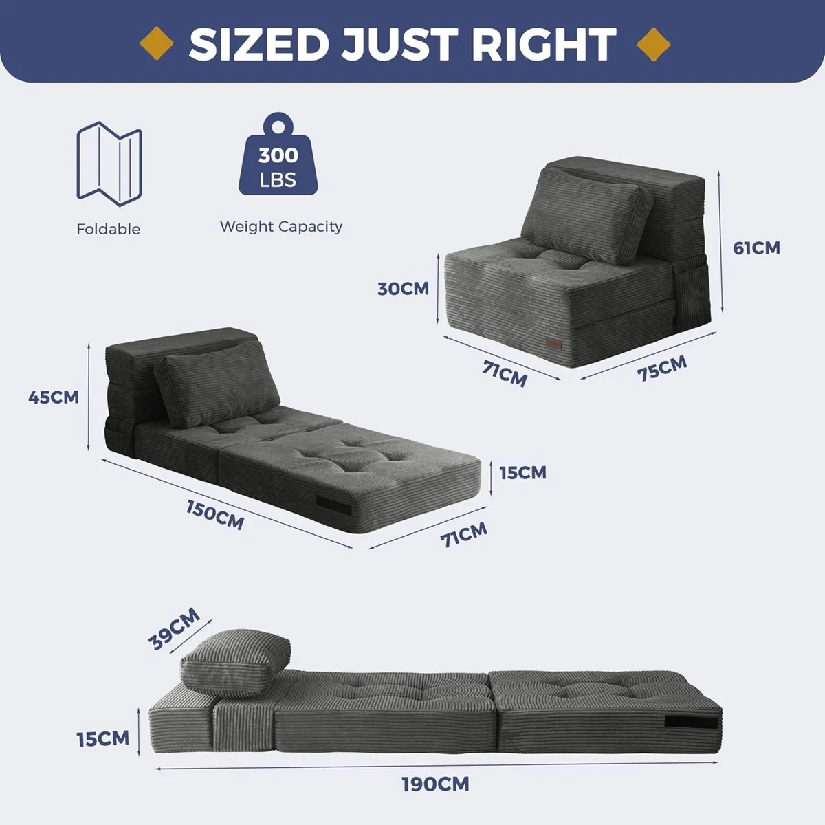 Folding Sofa Bed Tri-Fold Mattress 15CM for Guest - Image 2