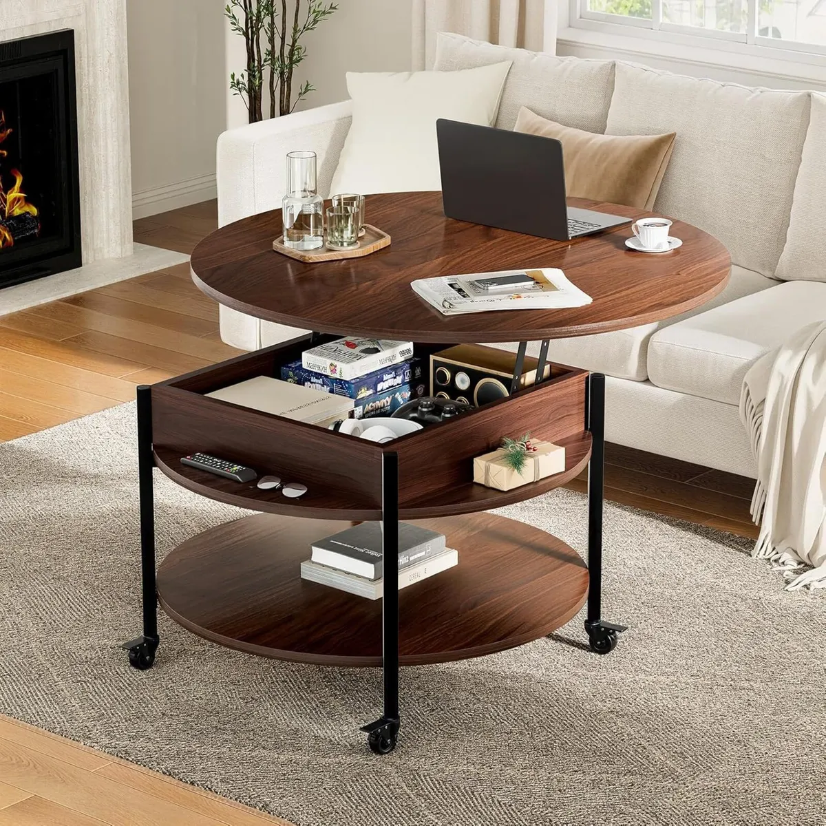 Round Lift Top Coffee Table with Wheels Circle - Image 2