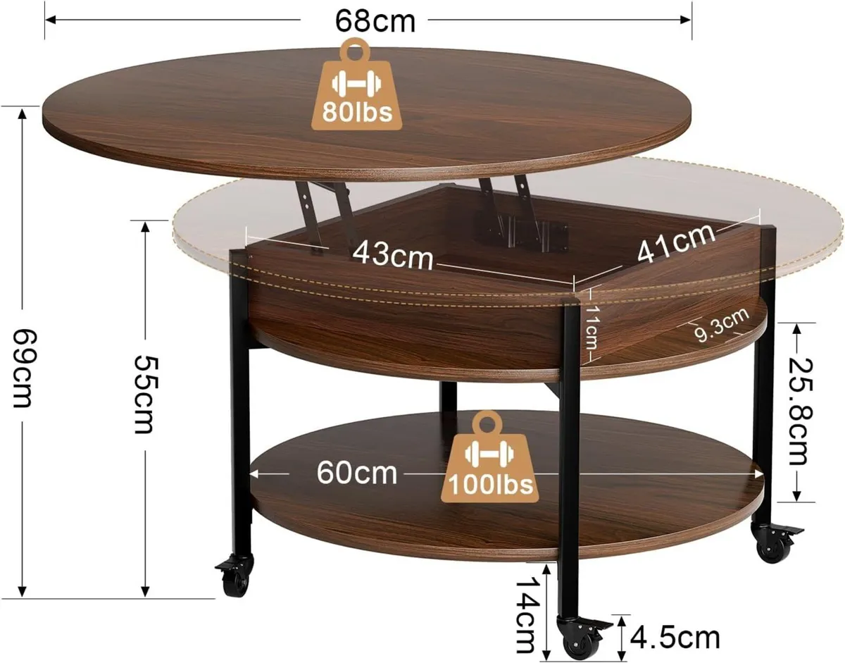 Round Lift Top Coffee Table with Wheels Circle - Image 3