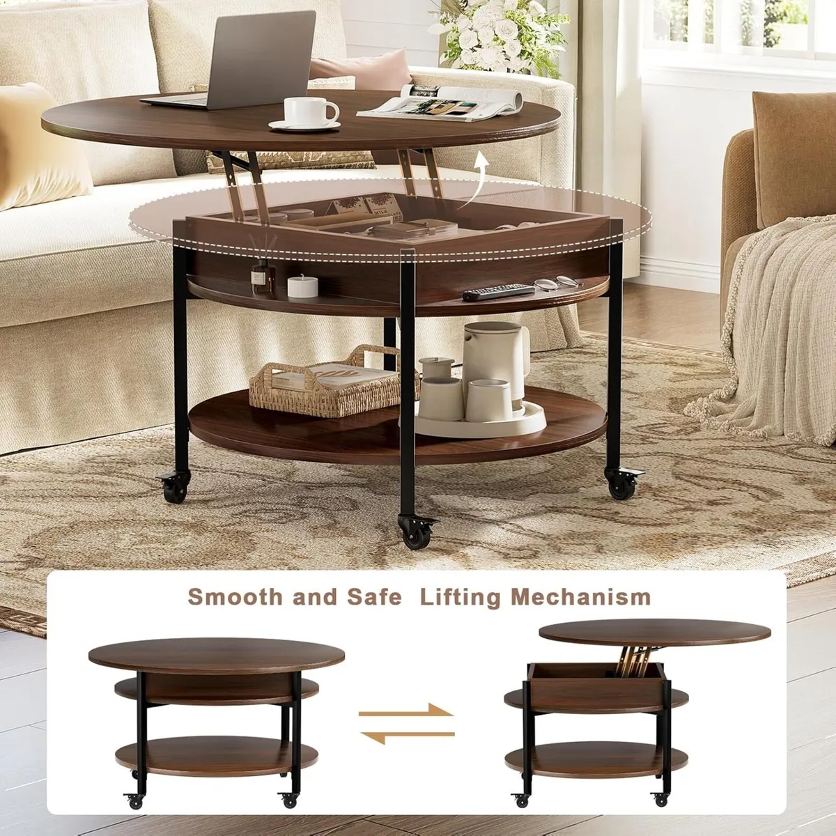 Round Lift Top Coffee Table with Wheels Circle - Image 4