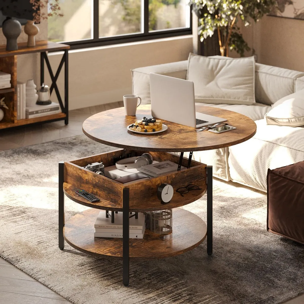 Round Lift Top Coffee Table with Storage - Image 2