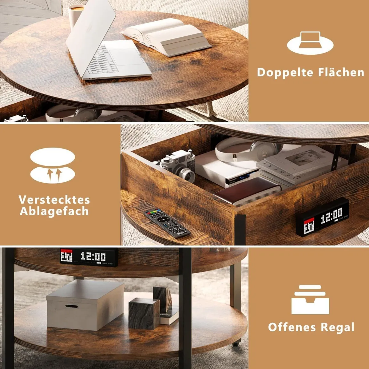 Round Lift Top Coffee Table with Storage - Image 4