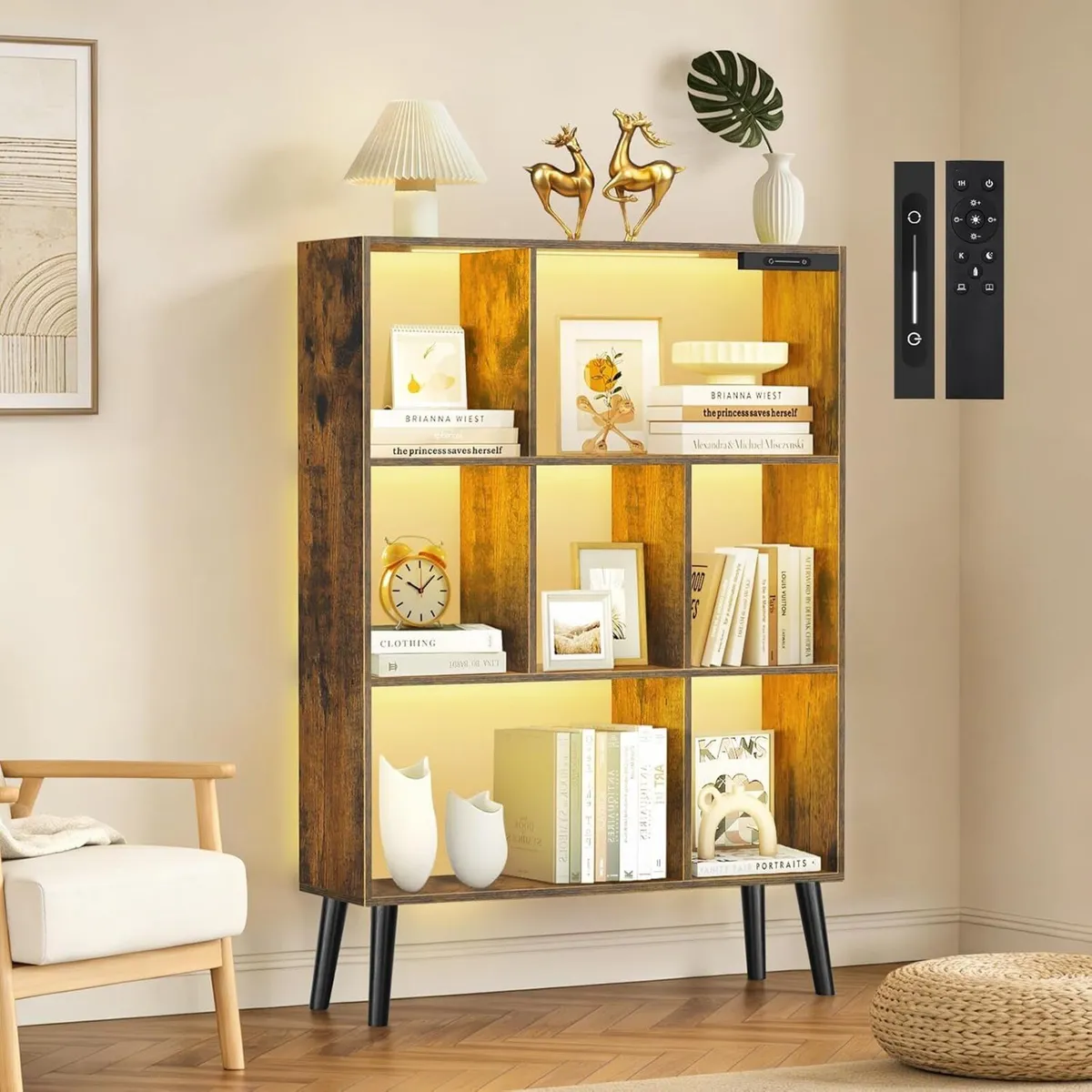 7-Cube Bookshelf with LED Lights Touch Remote - Image 1