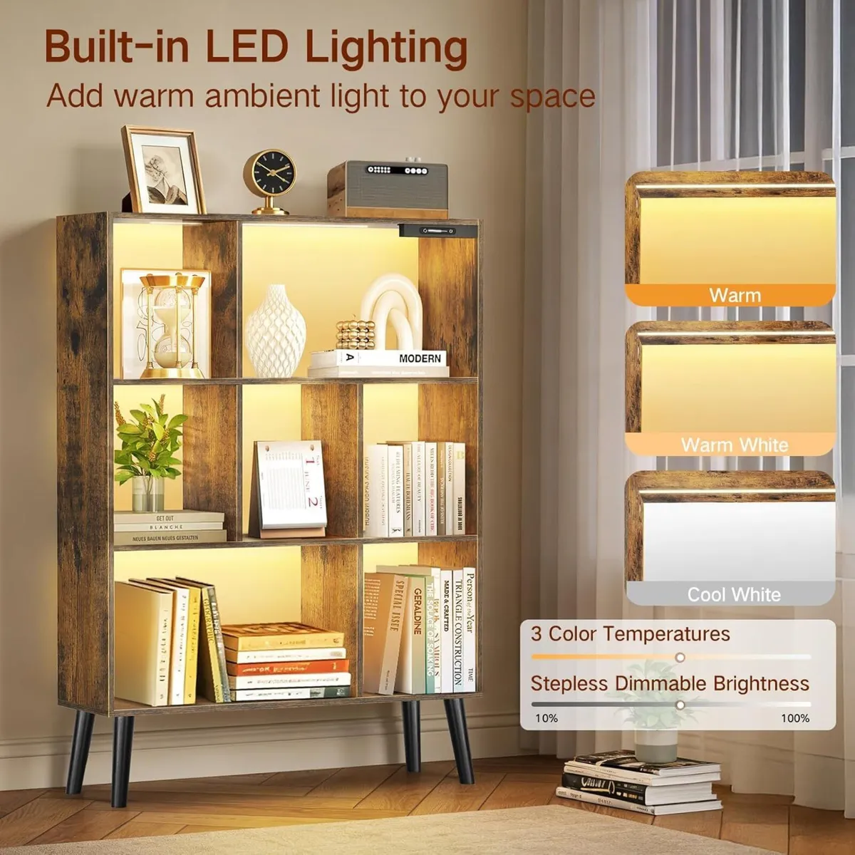 7-Cube Bookshelf with LED Lights Touch Remote - Image 2