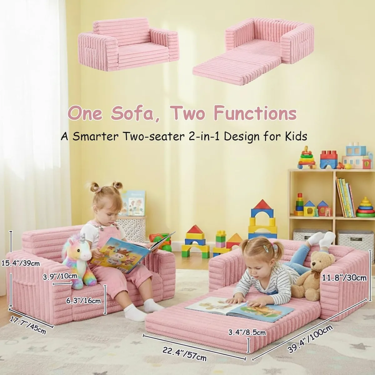 Kids Sofa Bed Extra Wide 2-In-1 Toddler Chair - Image 2