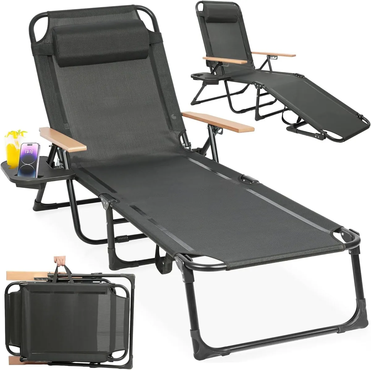 Foldable Sun Lounger with Roof 4-Way Adjustable - Image 1
