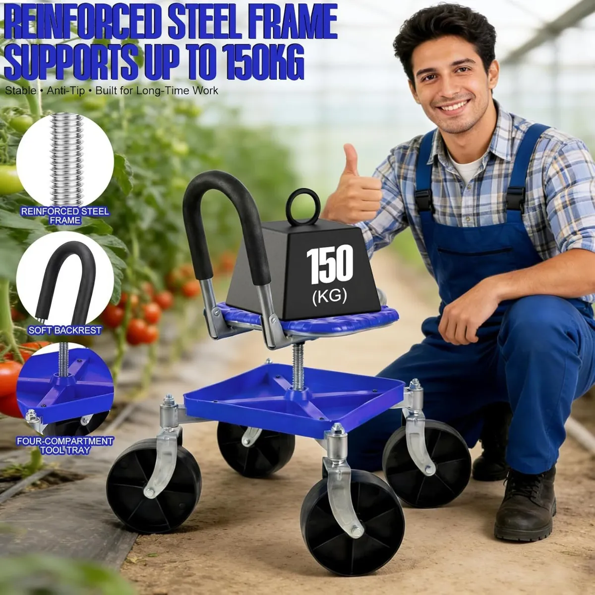 Garden Rolling Seat with Swivel Wheels 150KG - Image 3