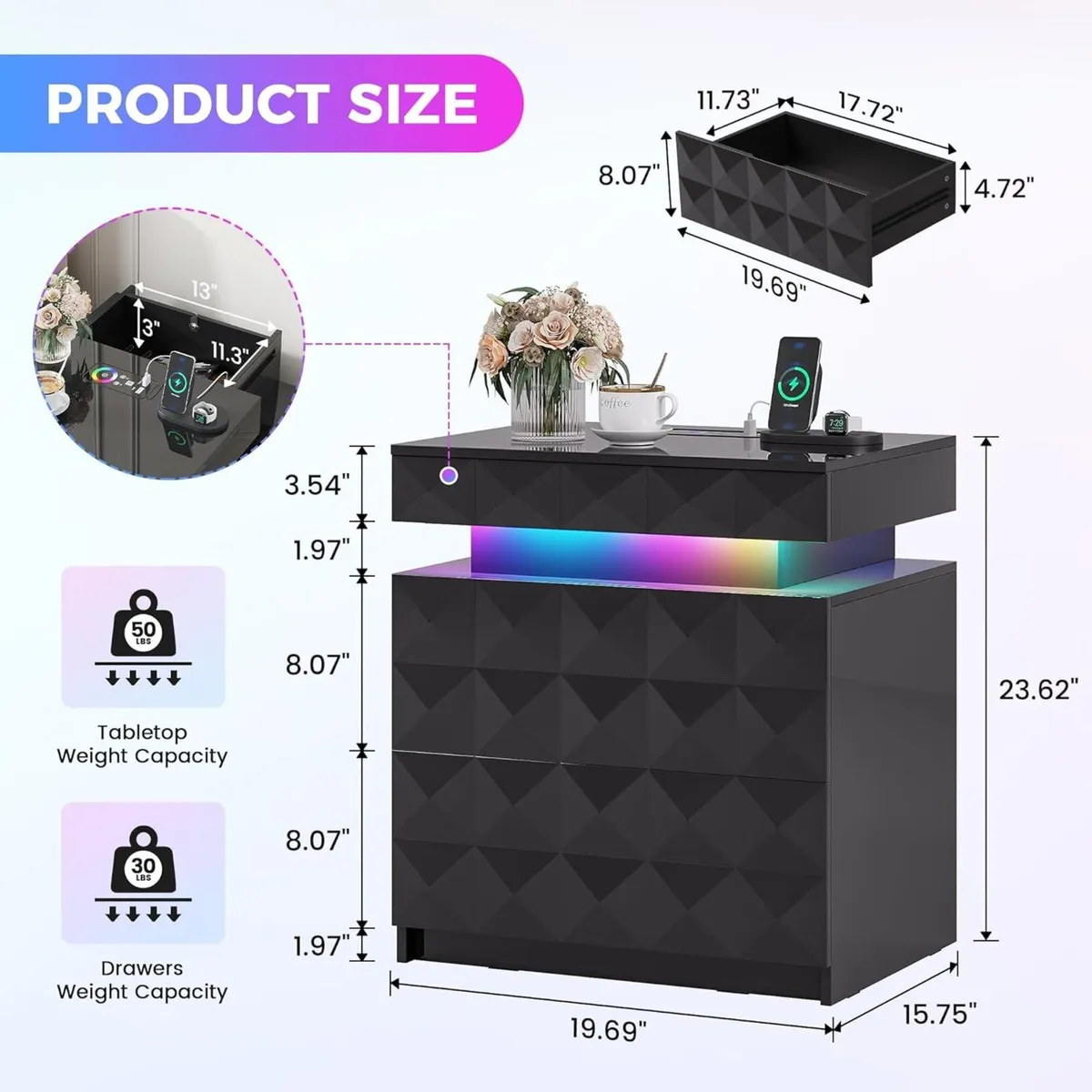 LED Bedside Table with Charging Station 3 Drawers - Image 2