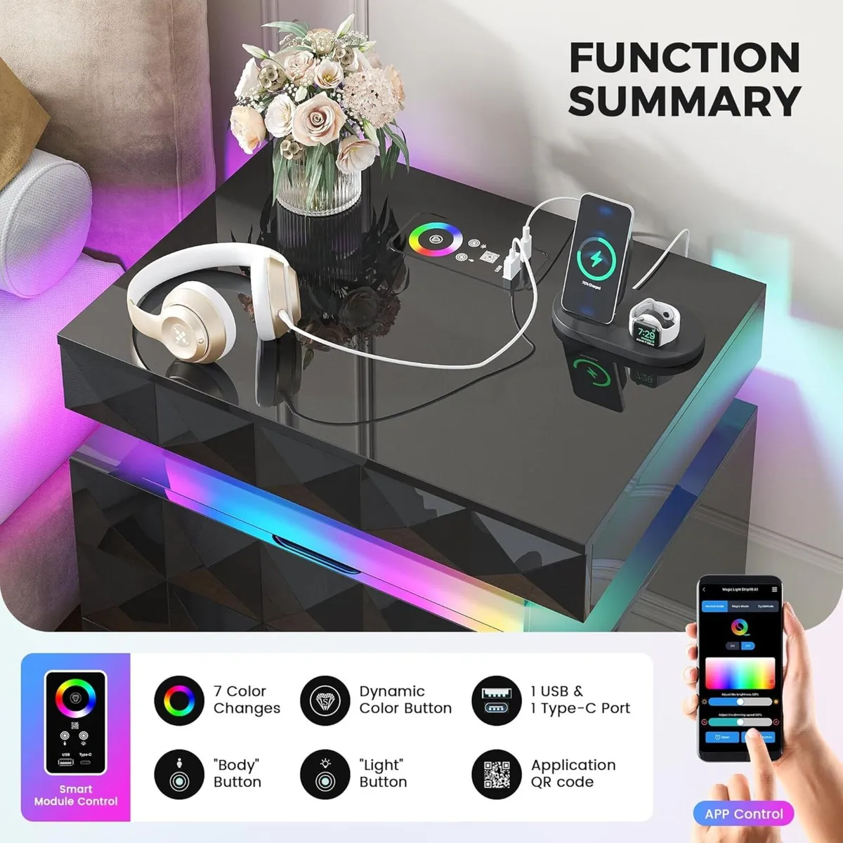 LED Bedside Table with Charging Station 3 Drawers - Image 3