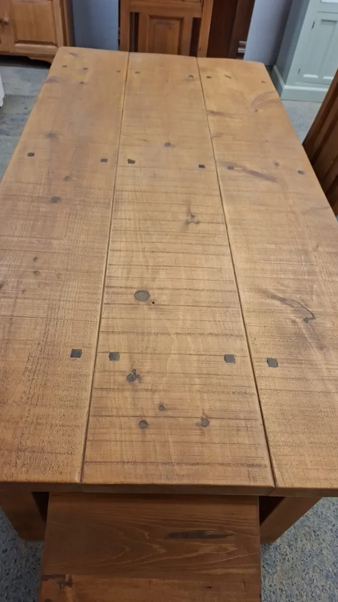 Vintage farmhouse table, 4 chairs, bench - Image 2
