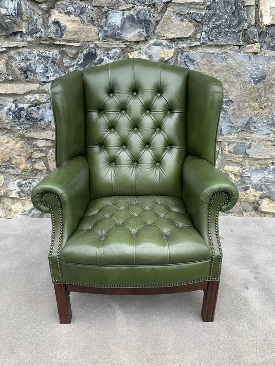George III Style Deep Button Green Leather Wingback Armchair. - Image 1