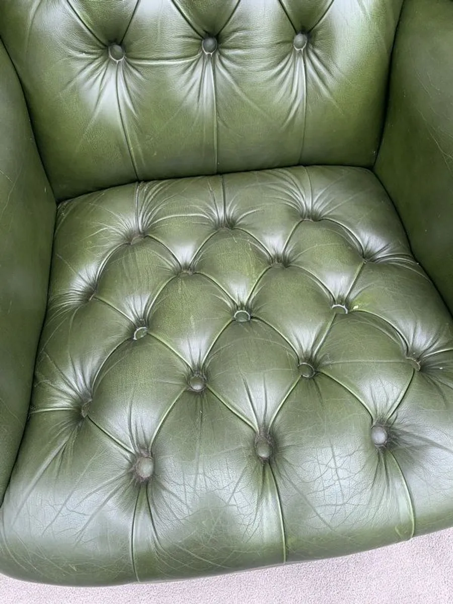 George III Style Deep Button Green Leather Wingback Armchair. - Image 2