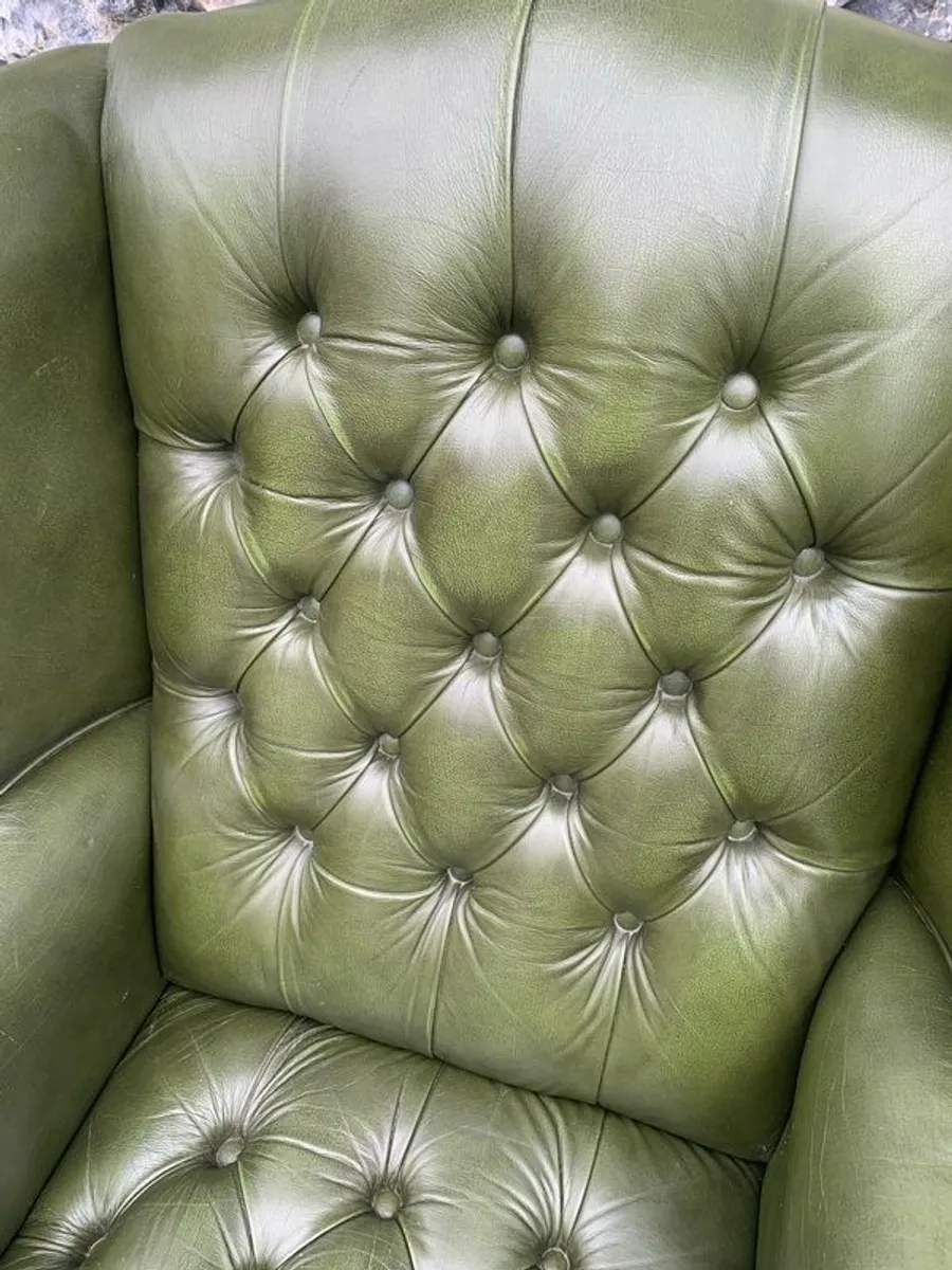 George III Style Deep Button Green Leather Wingback Armchair. - Image 3