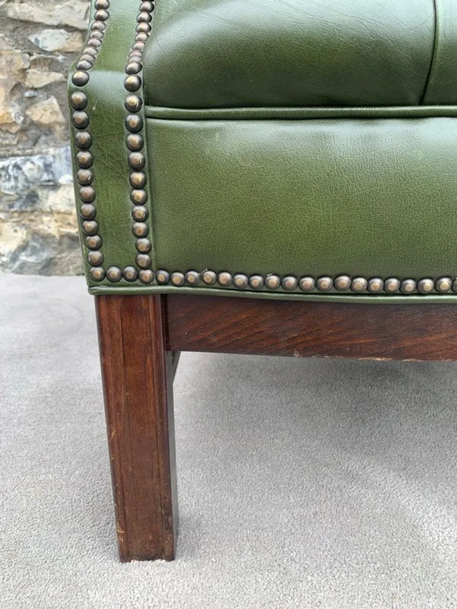 George III Style Deep Button Green Leather Wingback Armchair. - Image 4