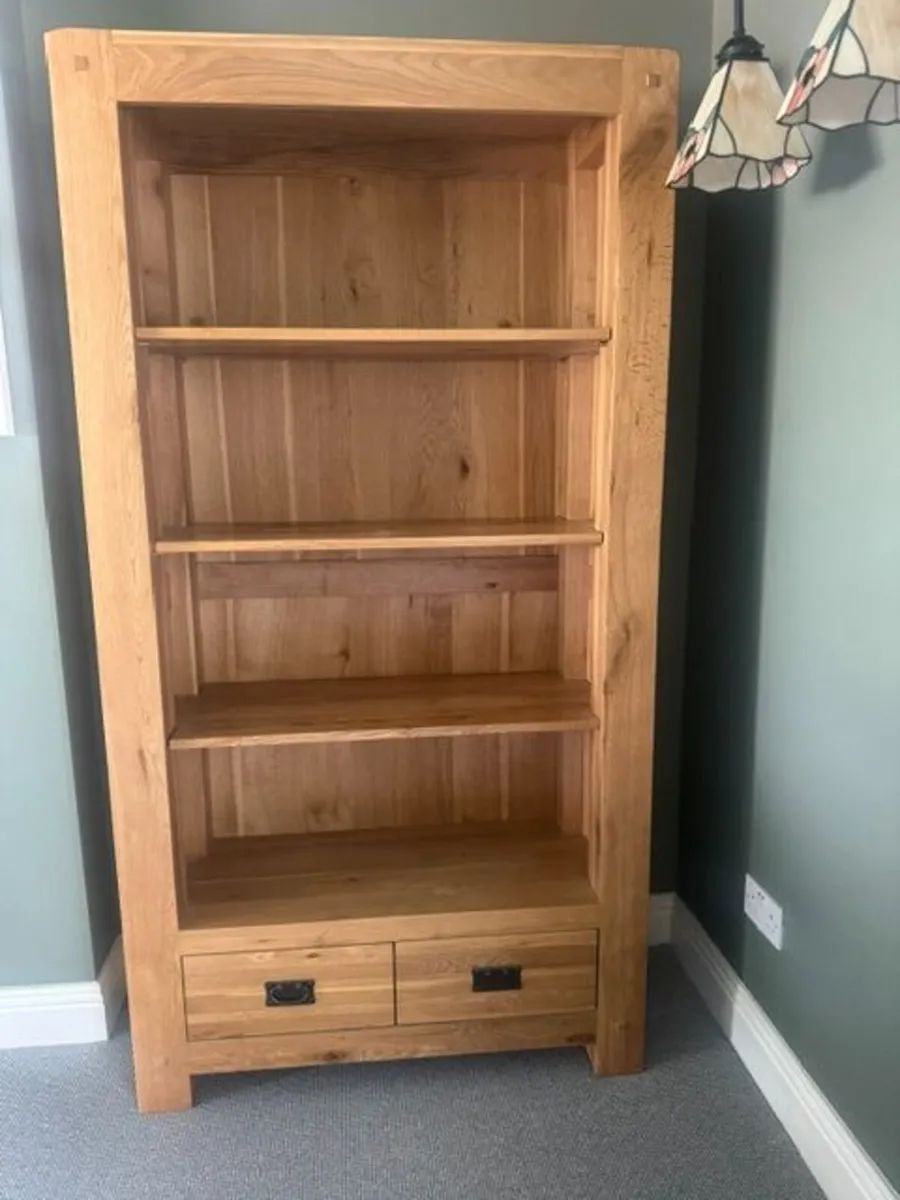 Solid Oak Console Table - Book Case  - Drawers - Image 1