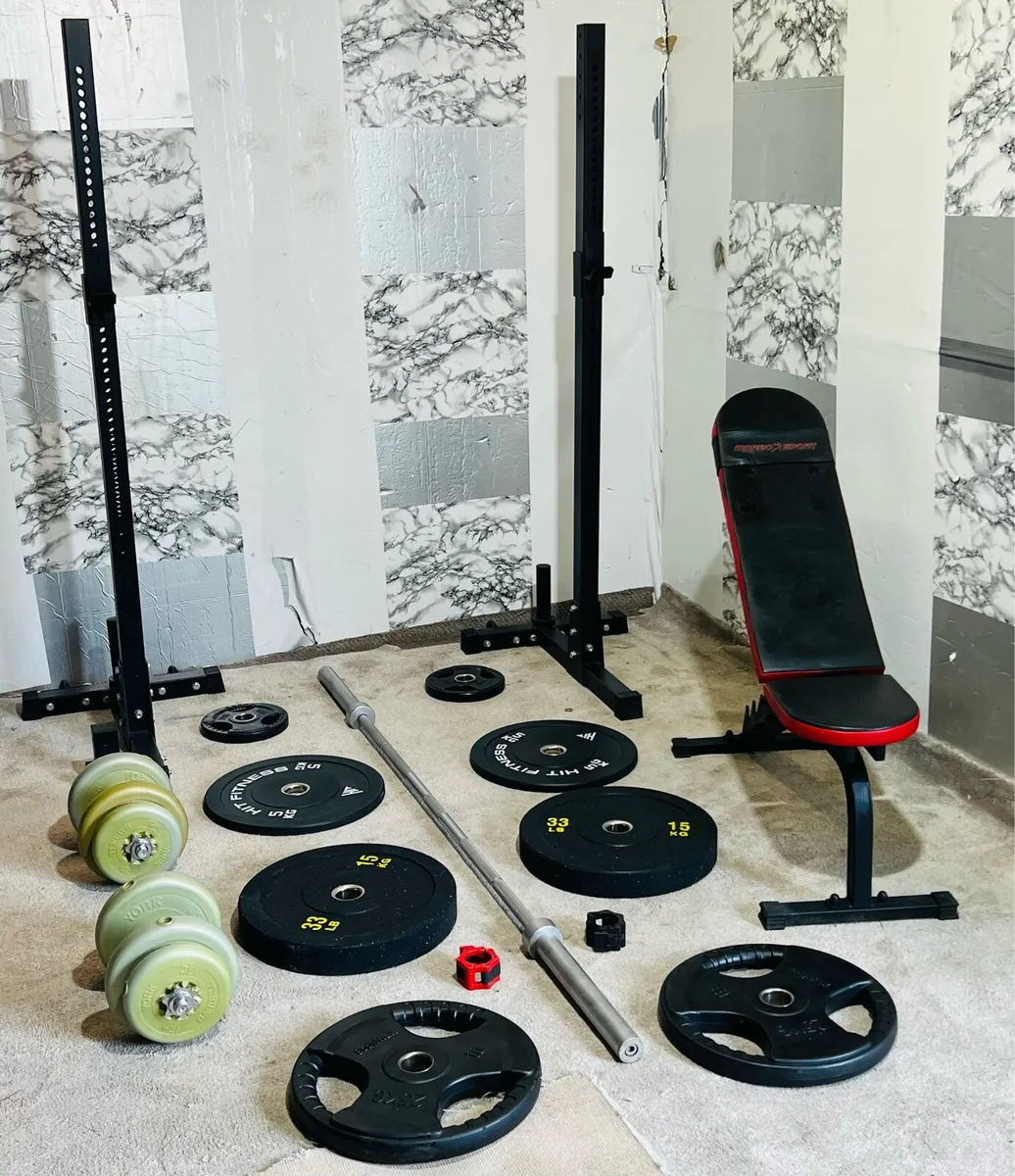 110KG OLYMPIC BARBELL SET RACK STANDS BENCH DUMBL - Image 4