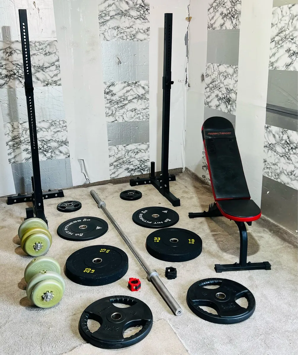 110KG OLYMPIC BARBELL SET RACK STANDS BENCH DUMBL - Image 1