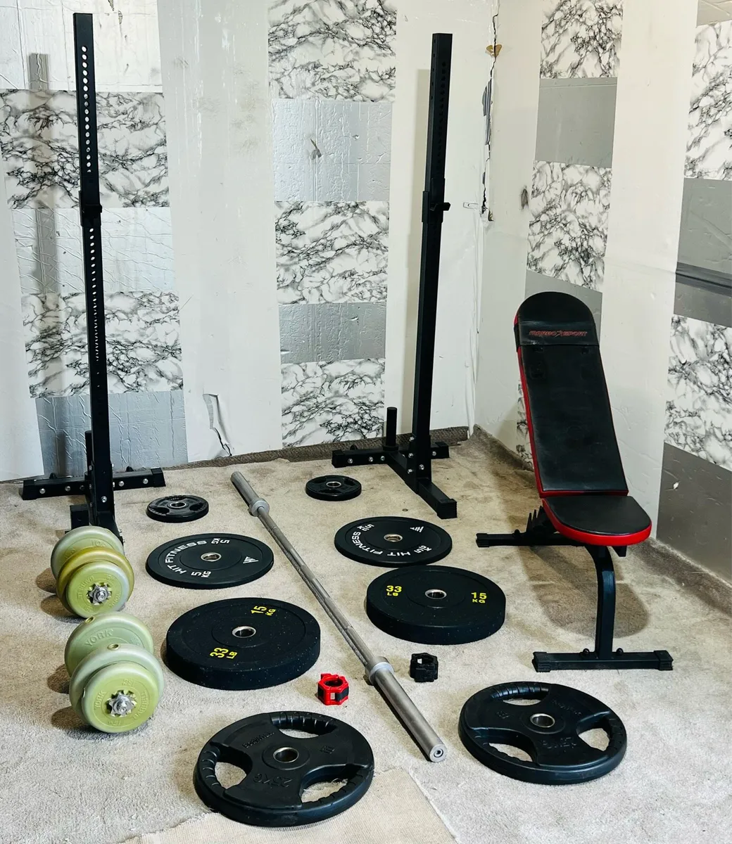 110KG OLYMPIC BARBELL SET RACK STANDS BENCH DUMBL - Image 2