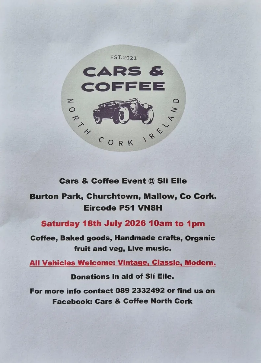 Cars & Coffee North Cork 18th July 10am to 1pm - Image 1