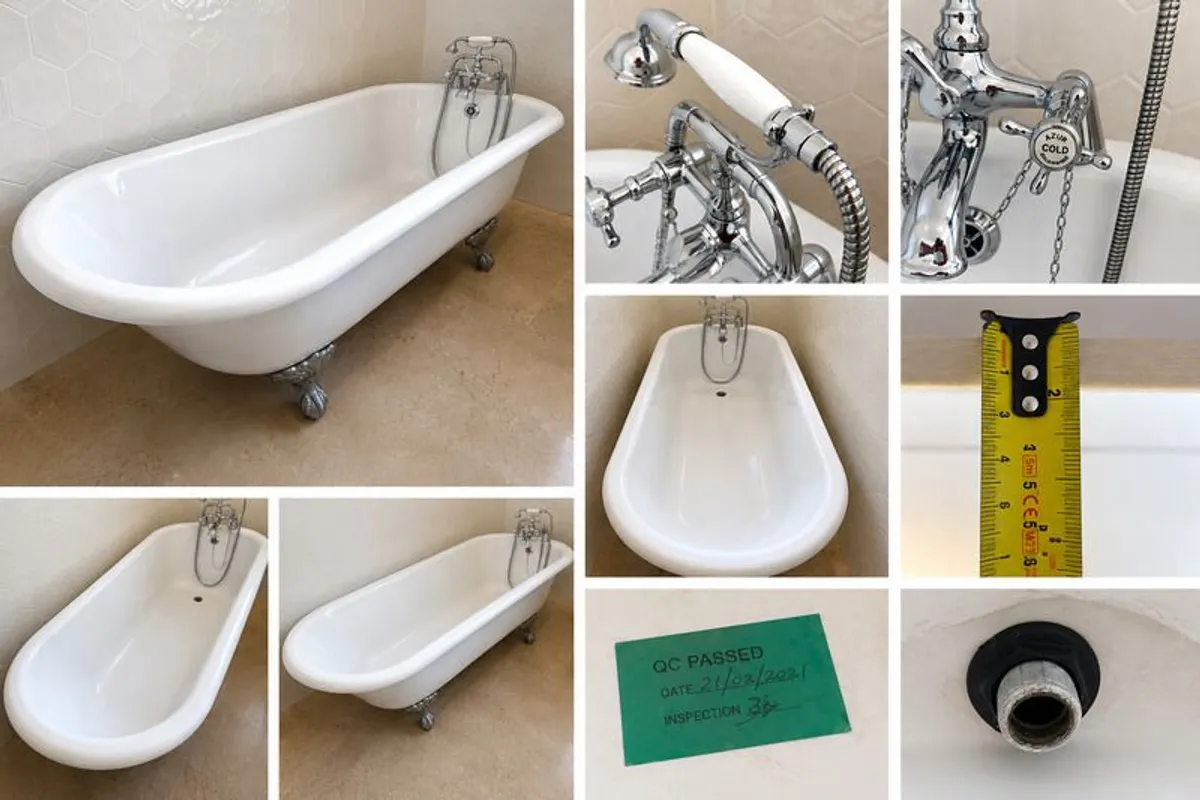 Victorian-Style Solid Composite Freestanding Roll-Top Bath + Azur Brassware