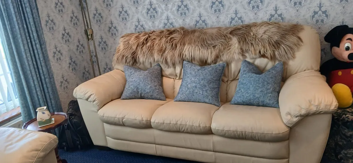Beige three piece suite, and Foot stool. - Image 1