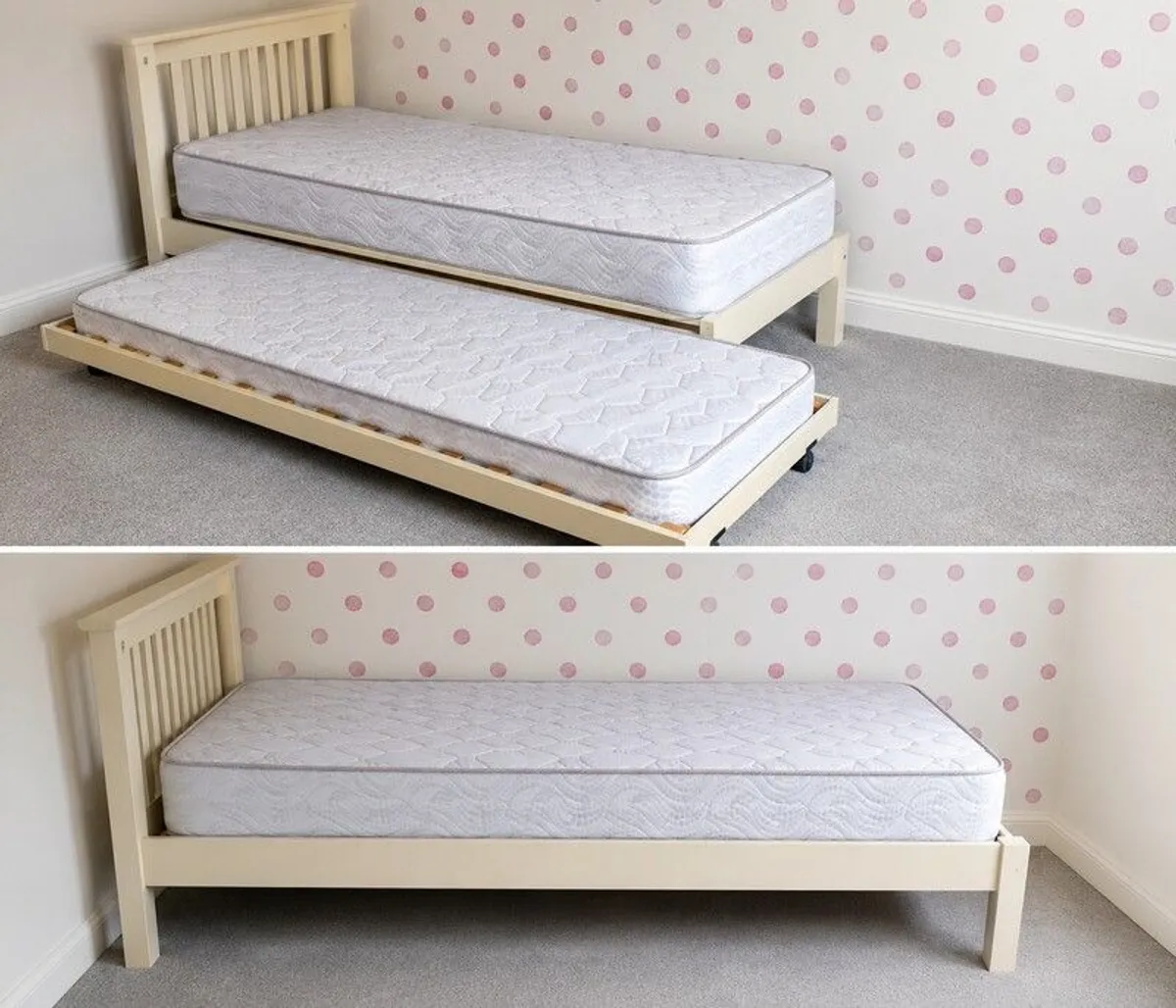 Cream Wooden Single Bed with Pull-Out Trundle Bed - Image 2