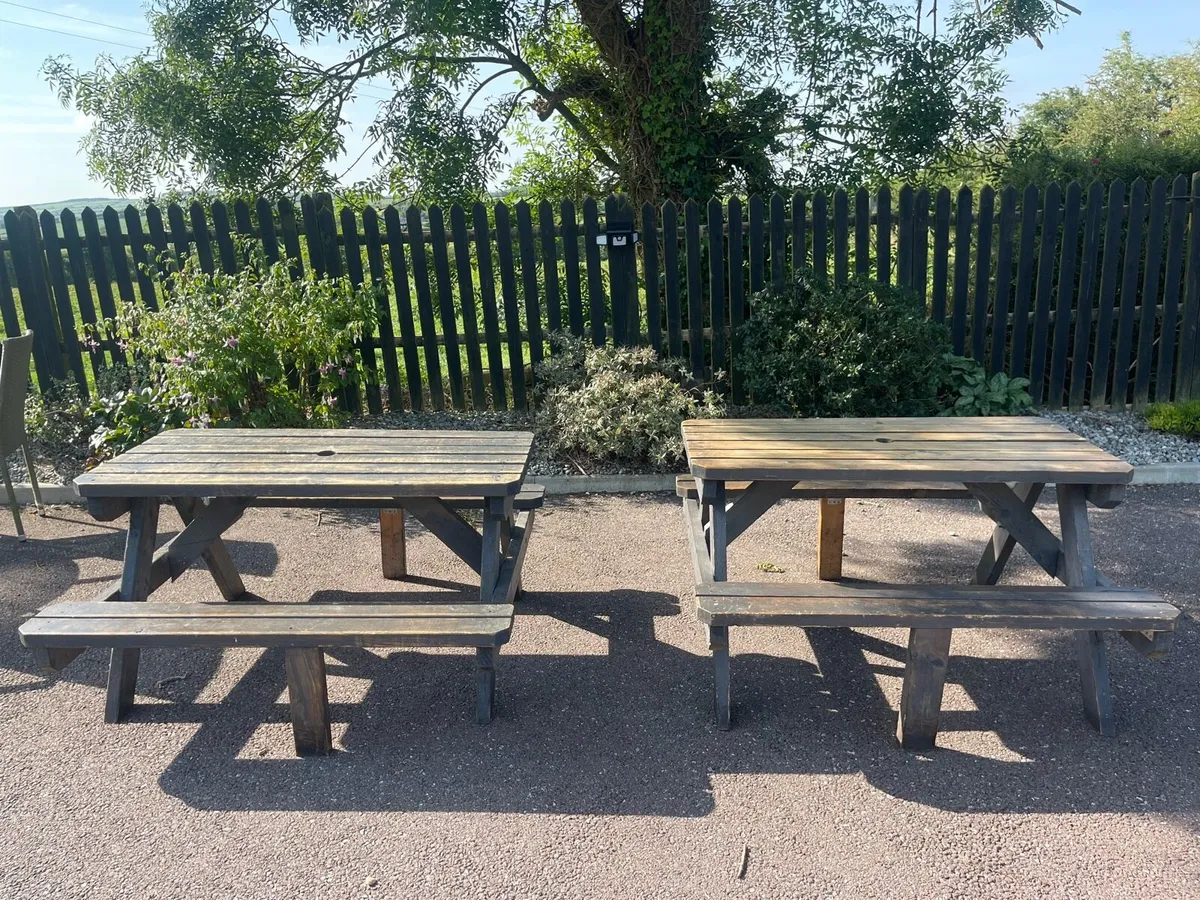 2 x Sturdy Matching Garden Patio Tables - Benches - Image 1