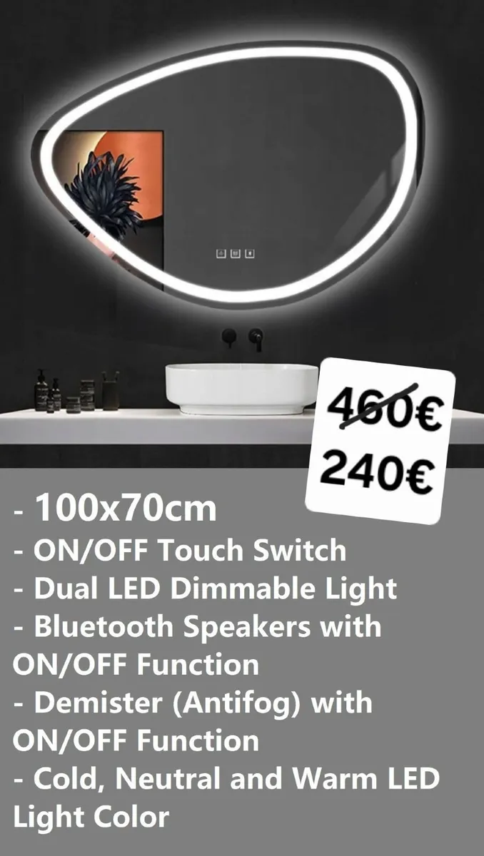 LED Bathroom Mirror Bluetooth Speakers Antifog - Image 1